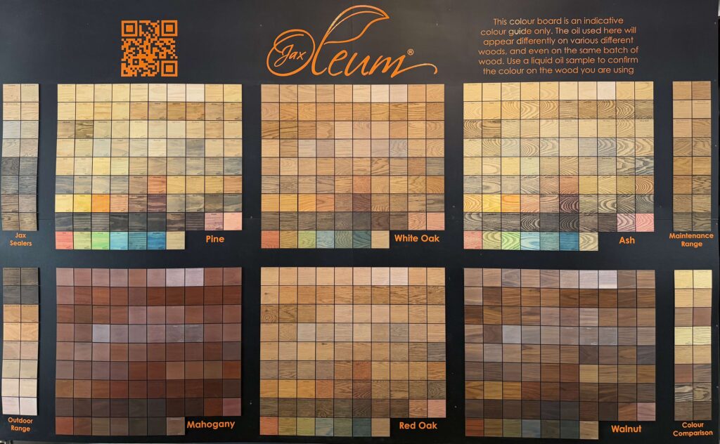 Jax Oleum wood stain colour range displayed across pine, white oak, ash, mahogany, red oak and walnut sample boards